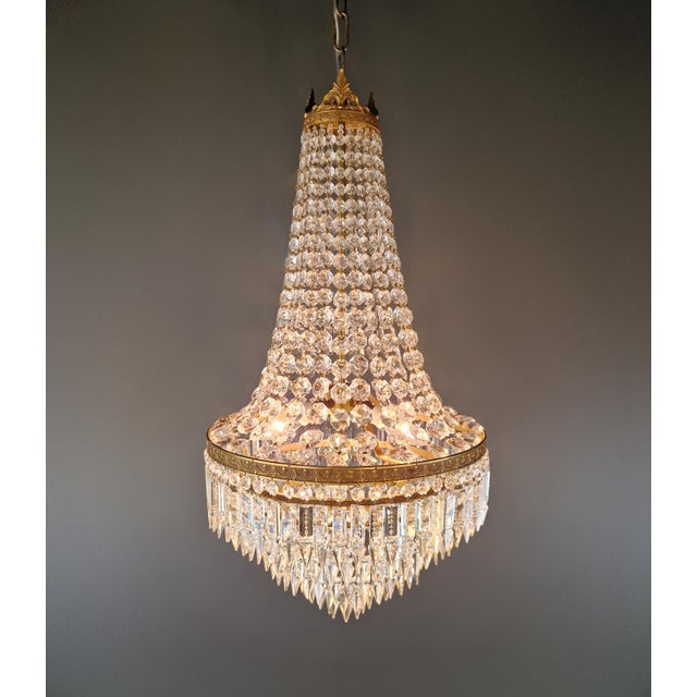 Antique Crystal Basket Chandelier Empire Style Brass 4 Lights Circa 1920 For Sale - Image 9 of 9