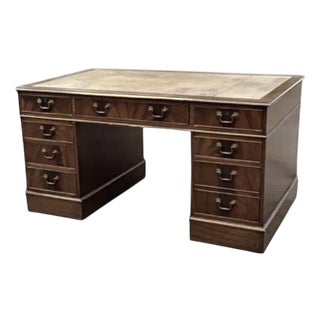 Large Mahogany Veneer Pedestal Desk For Sale