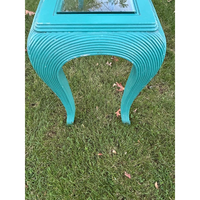 Pencil Reed Turquoise wooden console table. Curved legs with a rectangular glass insert top - Palm Beach Regency