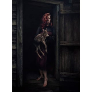 Baby by Mary Carroll | Acrylic Painting of a woman holding a fawn at a doorway. For Sale