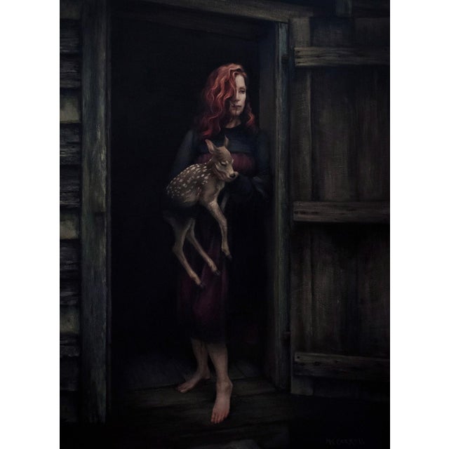 Baby by Mary Carroll | Acrylic Painting of a woman holding a fawn at a doorway. For Sale