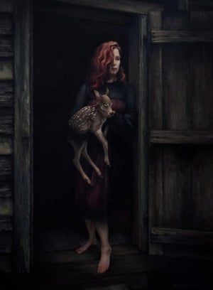 Baby by Mary Carroll | Acrylic Painting of a woman holding a fawn at a doorway.
