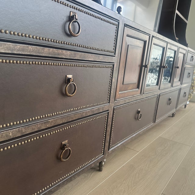 Practical and beautiful this 3 piece Wall unit has dark warm brown leather tops and drawer front with aged brass nailhead...