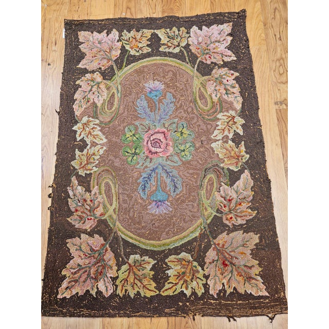 Vintage Hand-Hooked Rug, Floral Pattern, Wool & Cotton, American Folk Art, 3x4 For Sale In Chicago - Image 6 of 16