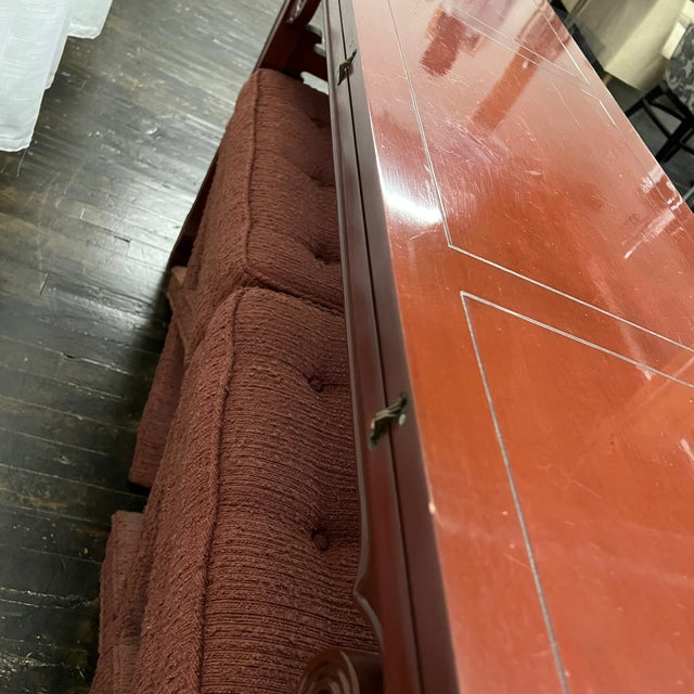 1950s Michael Taylor for Baker Red Lacquer Expandable Altar Table and Stools - Set of 3 For Sale - Image 9 of 12