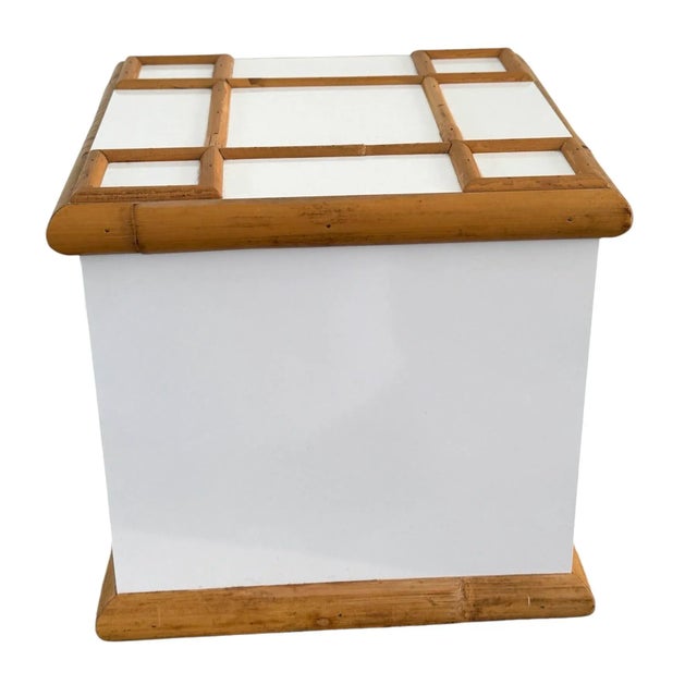 Tommasso Barbi rattan ice bucket. White laminate sides with bamboo rattan detailing. Insulated interior. Retains Tomasso...