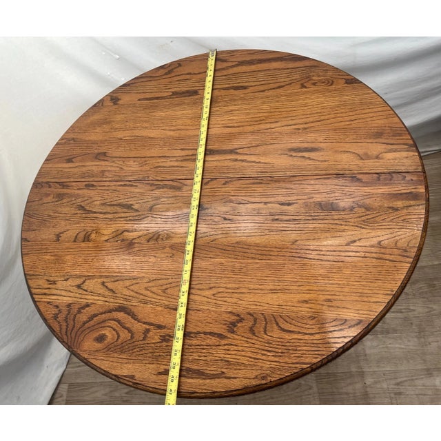 1980s Round Expansion Dining Room Kitchen Table Solid Cathedral Oak Carved Claw Feet For Sale - Image 13 of 15
