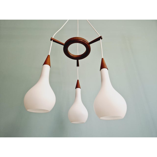 Scandinavian Chandelier in Teak and White Satin Glass, 1960s For Sale - Image 14 of 14