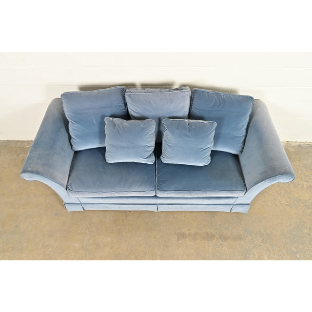 1980s Baker Furniture Blue Velvet Upholstered Roll Arm Sofa For Sale - Image 5 of 13