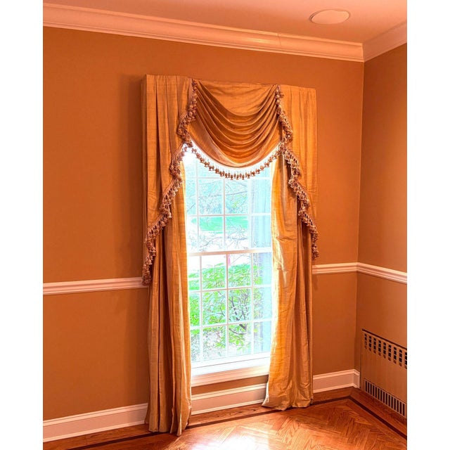 Neoclassical Pair of Custom Linen Drapes, Curtains and Valances, Lined, Tassels For Sale - Image 3 of 12