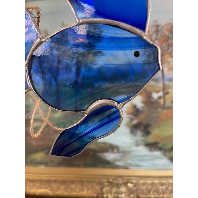 Metal Vintage Stained Glass Fish Suncatcher in Deep Cobalt Blue. For Sale - Image 7 of 10