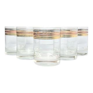 1960s Mid-Century Culver Gold Silver Copper Band Old Fashioned Tumbler Glasses - Set of 5 For Sale