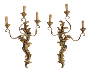 1960s Italian Hand Carved Wood & Metal Three Light Sconces - a Pair