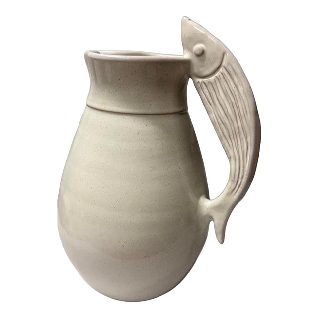 Large 13" Hand-Made Italian Ceramic Pitcher With Figural Fish Handle For Sale