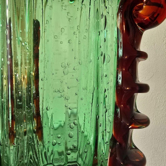 1980s Pair of Green and Golden Brown Murano Glass Vases For Sale - Image 10 of 13