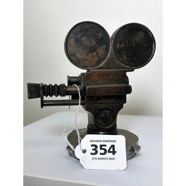 Early 20th Century Small Art Deco Movie Director Reel Camera Classic Car Mascot Sculpture With Verdigris For Sale - Image 12 of 13