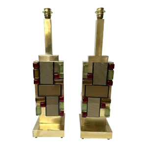 Contemporary Pair of Brass Textured and Cabochon Murano Glass Lamps, Italy