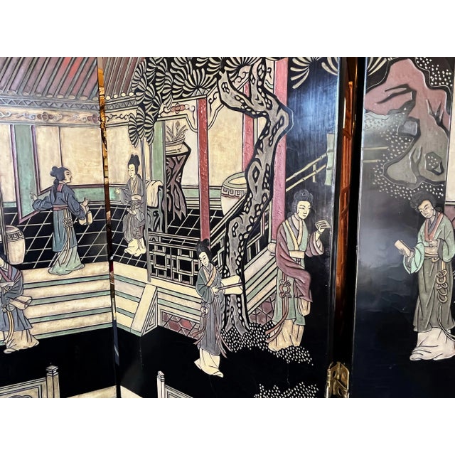 Black Monumental Vintage Asian Coromandel 4-Panel Floor Screen With Incised Painted Details For Sale - Image 8 of 13