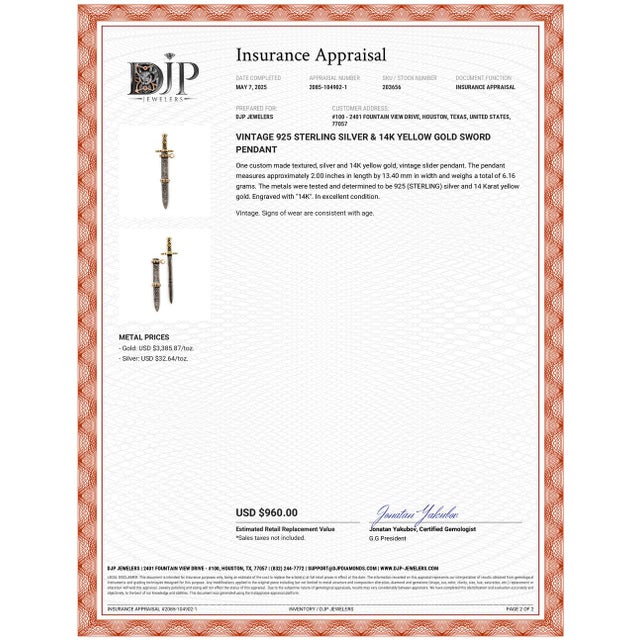 Late 20th Century Late 20th Century Vintage 925 Sterling Silver & 14k Yellow Gold Sword Pendant For Sale - Image 5 of 5