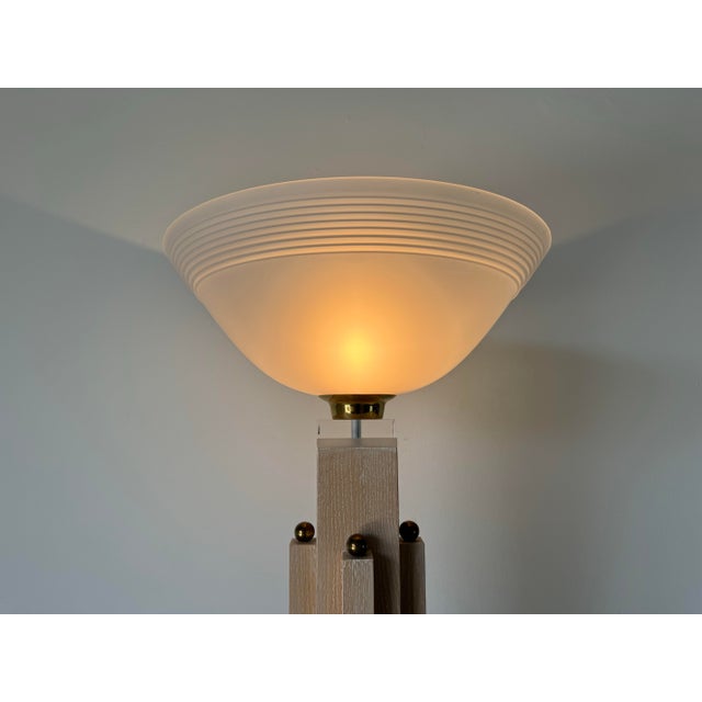 1980s 1980's Italian Postmodern Wood & Glass Shade Torchiere Floor Lamp For Sale - Image 5 of 11