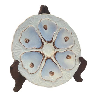 Antique European 6-Well Porcelain Oyster Plate, Lavender-Blue & Gold For Sale