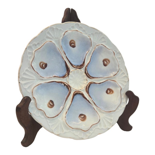 Antique European 6-Well Porcelain Oyster Plate, Lavender-Blue & Gold For Sale
