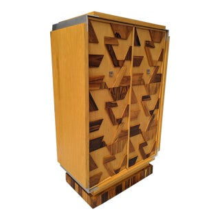 1977 Paul Evans Styled, Brulaist Armoire, W/ Geometric Pieced Exotic Wood Paneled Doors For Sale