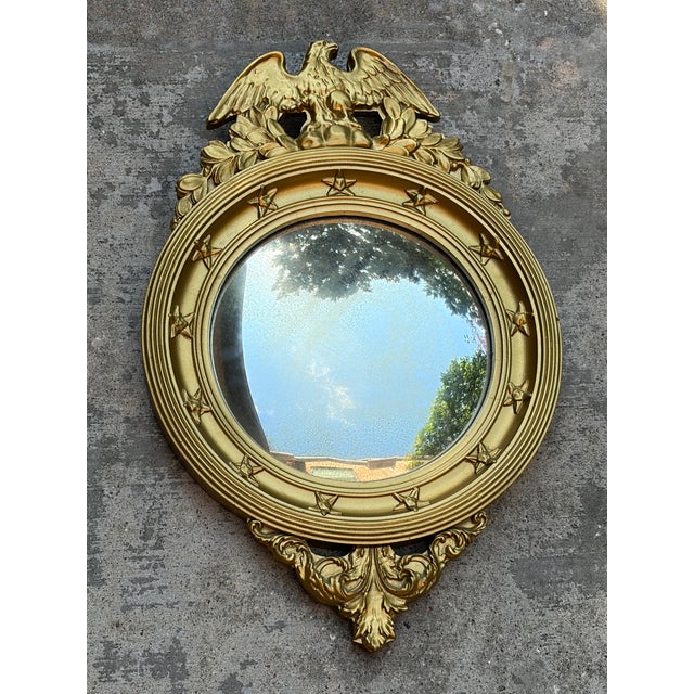 1940s Antique Federal Convex Eagle Mirror Gold Gilt Americana Bullseye Wall Mirror For Sale - Image 5 of 11