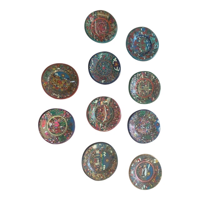 1990s Talavera Terra Cotta Mexican Folk Art Plates- Set of 10 For Sale