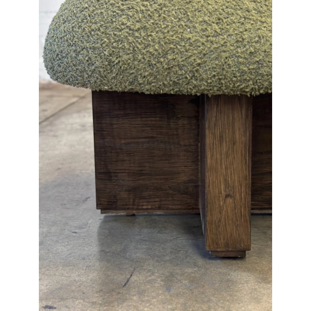 W21 D21 H15.5 SW18 Custom made mushroom ottoman featuring an x base made from solid wood in a dark walnut stain....