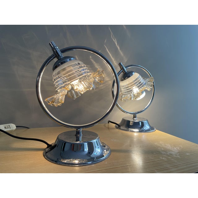 Mid-Century Modern Mid-Century Modern Portuguese Chrome and Glass Bedside Lamps, Set of 2 For Sale - Image 3 of 9