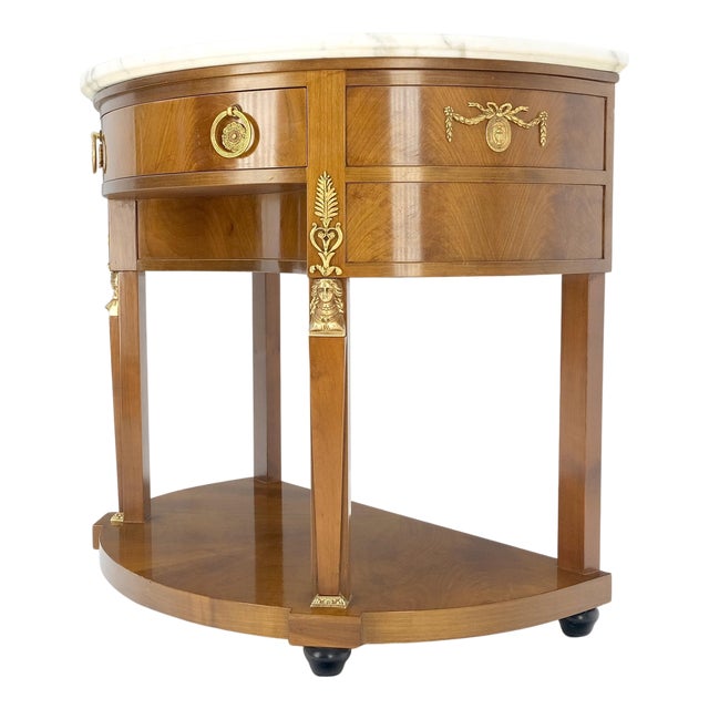 Walnut Marble Top Neoclassical Demi Lune Bronze Mount Console Table 1 Drawer For Sale