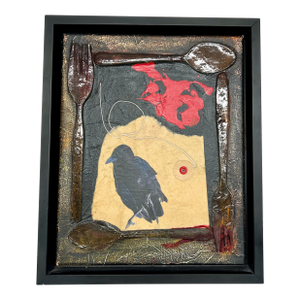 1990s Raven Mixed Media Assemblage Shadowbox Art – Found Object Fork & Spoon Collage – Dark Academia Gothic Wall Decor