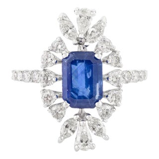 18k White Gold Art Deco Blue Sapphire and Diamond Wedding Ring Size 6 For Sale