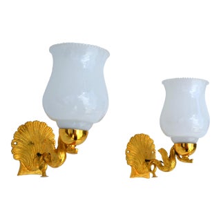 Pair, Maison Lancel Gilt Bronze Sconces Ruffled Opaline Glass Shade France 1950 For Sale