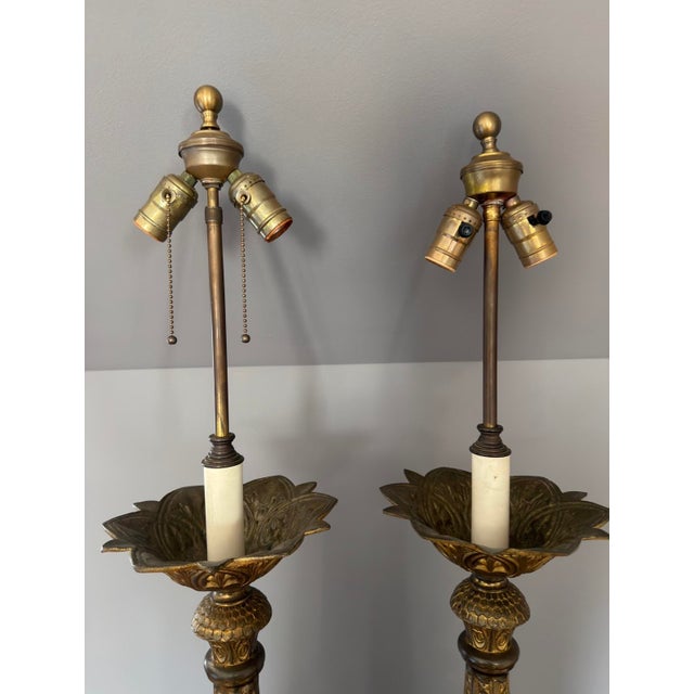 Brass Mid 20th Century Italian Baroque Studded Gilt Brass Buffet Lamps - a Pair For Sale - Image 8 of 10