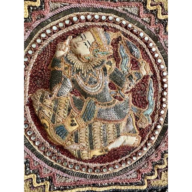 Asian Vintage Burmese Kalaga Embroidered Tapestry With Five Figural Medallions, 40" X 37" For Sale - Image 3 of 18