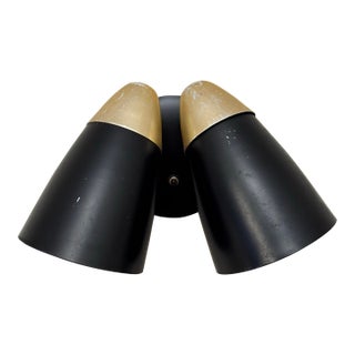 Vintage Mid Century Modern Black and Gold Metal Double Cone Shade Plug-in Wall Sconce For Sale