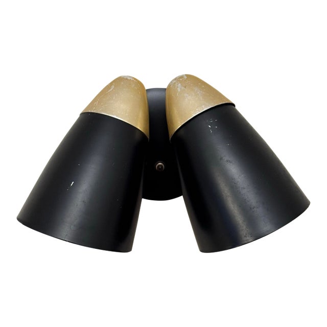 Vintage Mid Century Modern Black and Gold Metal Double Cone Shade Plug-in Wall Sconce For Sale
