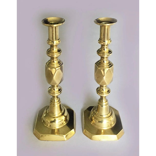 English Late 19th Century English Antique King of Diamonds Brass Candlesticks, a Pair For Sale - Image 3 of 8