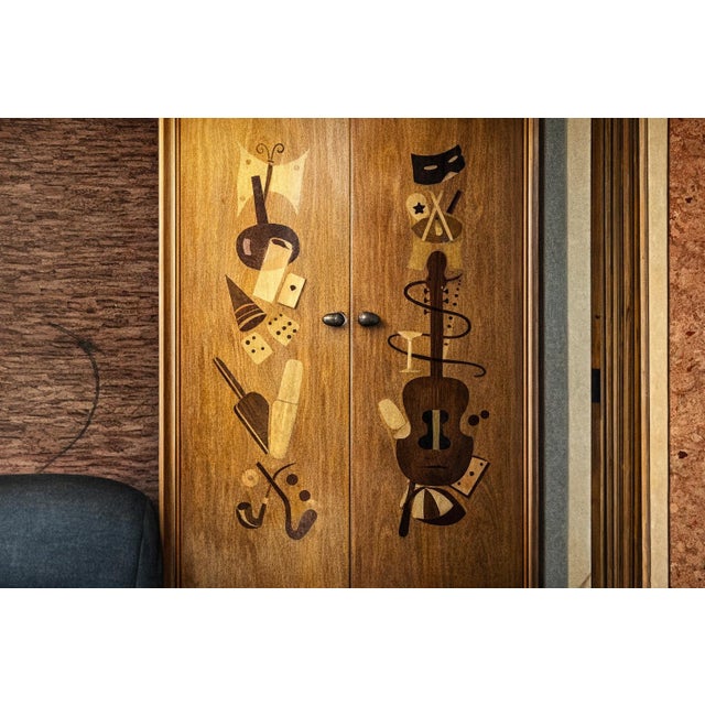 Wood Brazilian Bar in Imbuia, Roxinho & Pau Marfim With Party Motif Marquetry, 1950s For Sale - Image 7 of 15