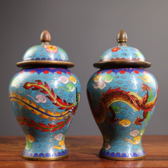 Chinese Pair of Vintage Chinese Cloisonné "Dragon & Phoenix" Ginger Jars - 2495g For Sale - Image 3 of 9