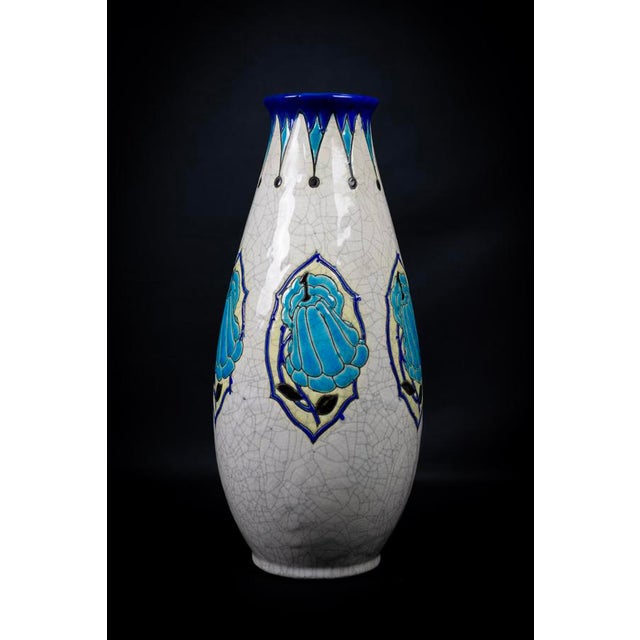 Art Deco Vase in Glazed Crackled Earthenware with Blue Flowers by Maurice Dufrene for Keramis, La Louviere, Belgium, 1920s For Sale - Image 3 of 15