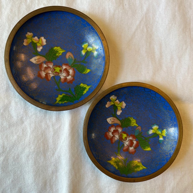 Mid 20th Century Mid 20th Century Blue Floral Cloisonné Dishes - a Pair For Sale - Image 5 of 5