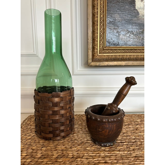 Vintage 13.5” Mid-Century Italian Emerald Green Glass Carafe With Fitted Woven Sleeve For Sale - Image 10 of 15