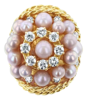 Pink Pearl & Diamond Triple Halo Cocktail Ring with Rope Design, Size 7