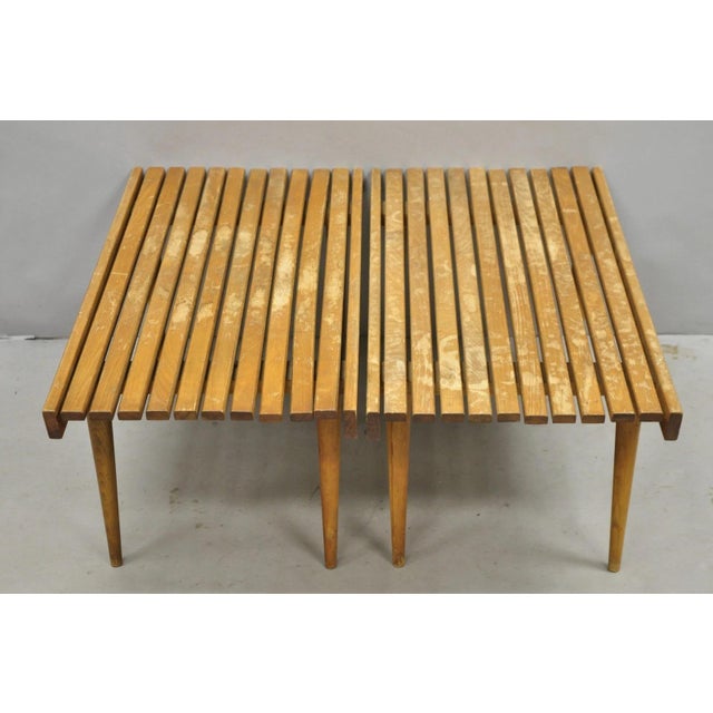 Vintage Mid Century Modern 36" Wood Slat Bench Coffee Table Side Table - A Pair For Sale - Image 4 of 16