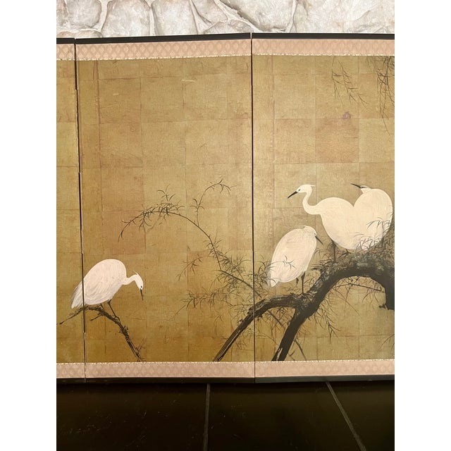 1970s Vintage Mid-Century Japanese 4-Panel Byobu Folding Screen - "White Egrets & Willow" For Sale - Image 5 of 16