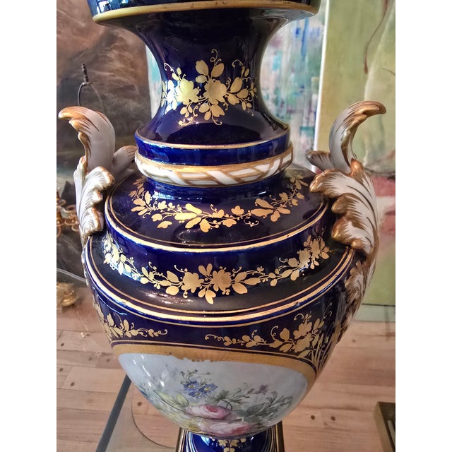 Antique Cobalt Blue Porcelain Pr Urns Attributed to Sevres For Sale - Image 14 of 17