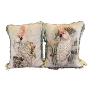1990 Wool Tapestry Silk Fringe Cockatiel Pillows - Set of 2